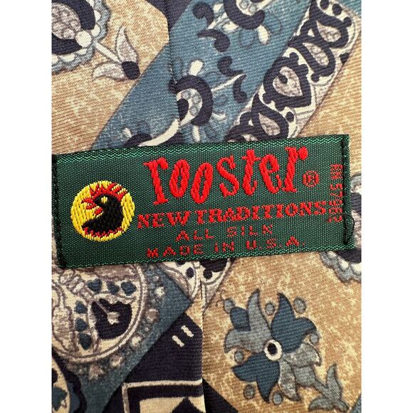 Vintage Rooster Blue Tan Scandanavian Style Print Silk Necktie - Picture 2 of 2